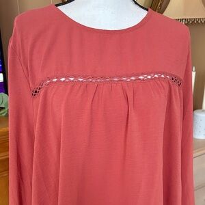 Coral Long Sleeve Blouse with Lace Detail and Floral Sleeves